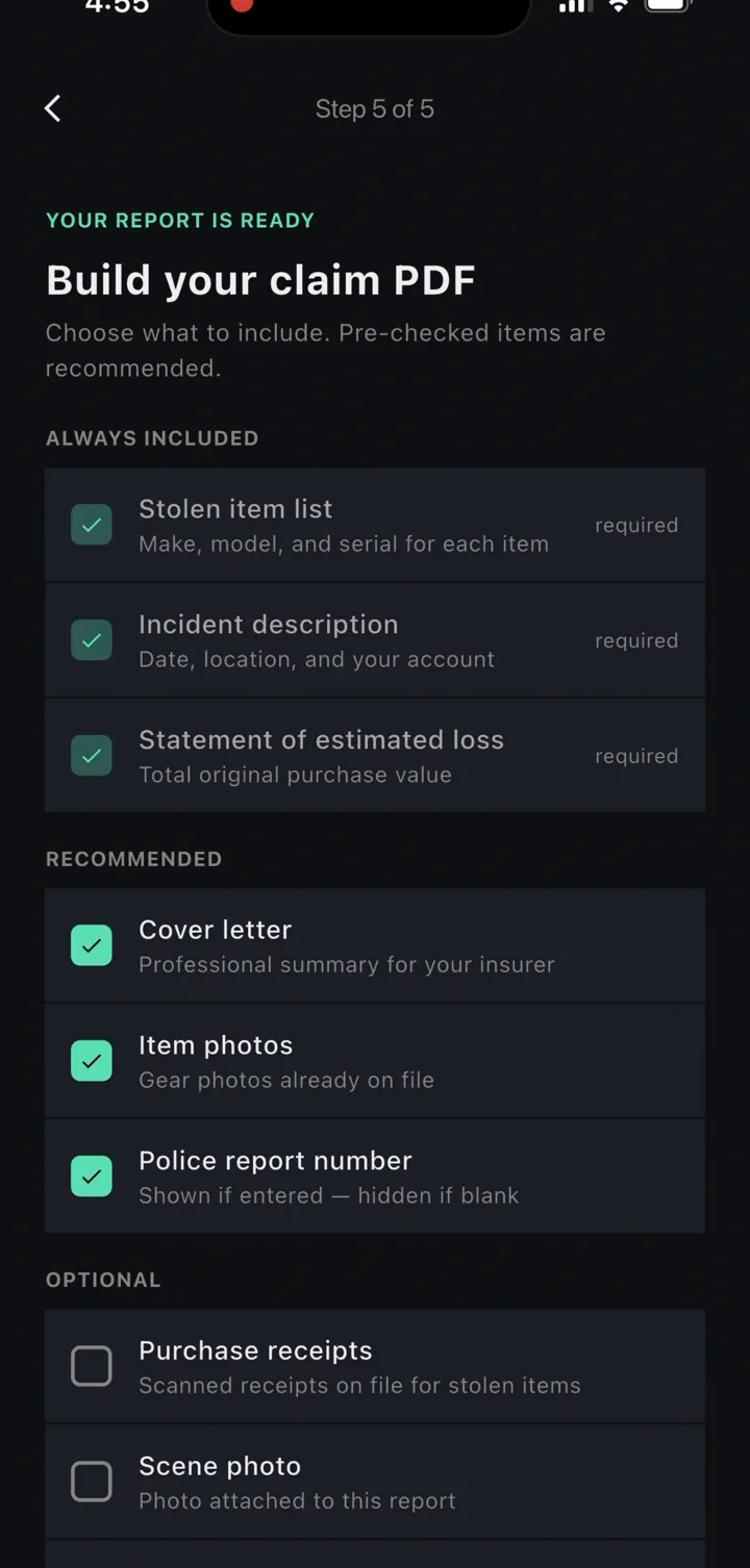 Check1's claim PDF builder, showing the stolen item list, incident description, and optional receipts and photos